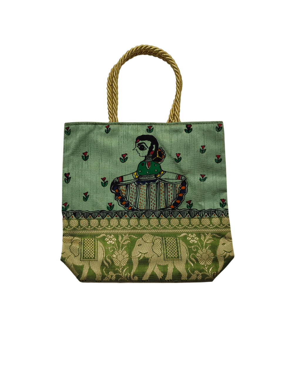 Handpainted Madhubani Bag – Green with Brocade Border, a Dancing girl